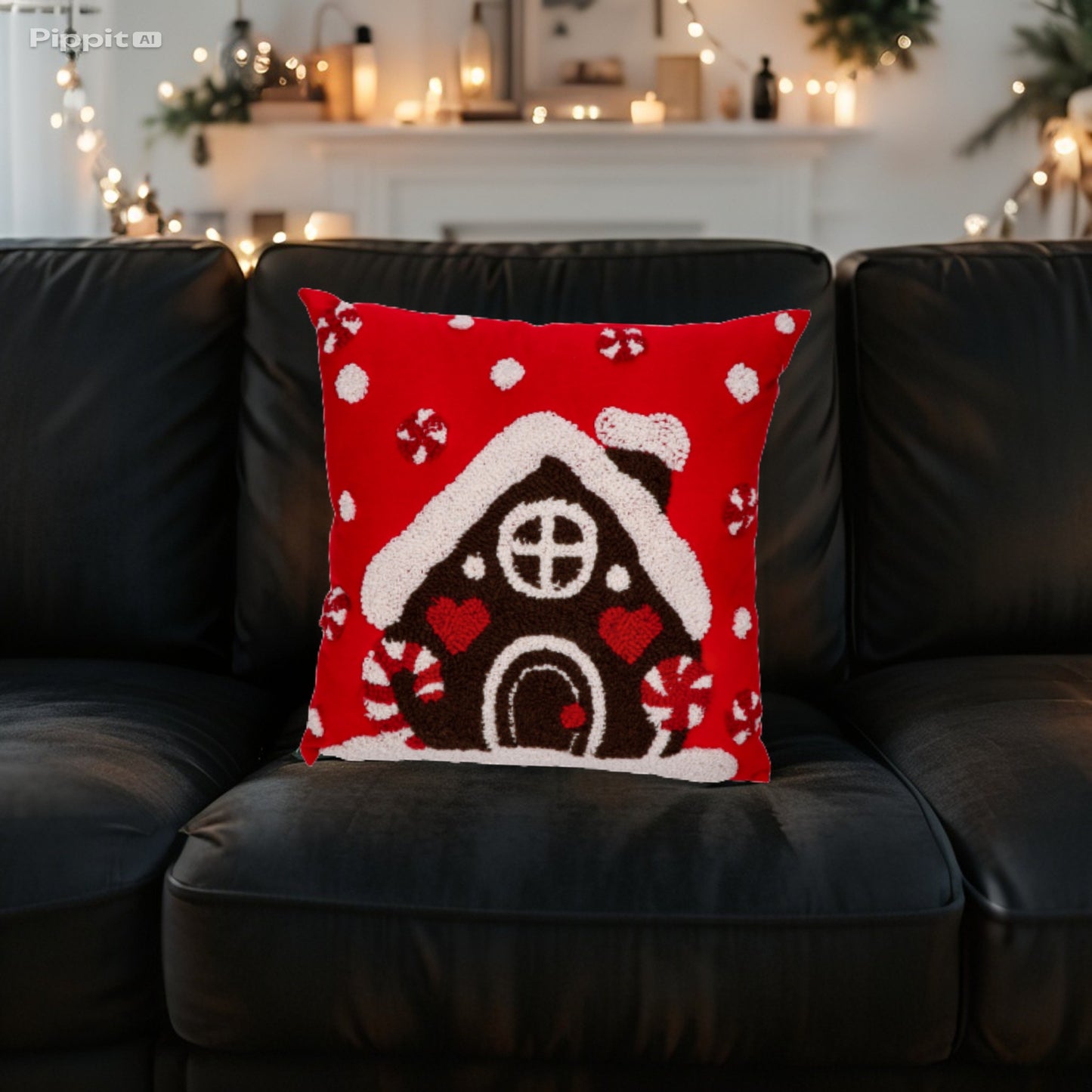Cuscino in Tessuto Natale - Decori Casetta e Paesaggio Natalizio - 45x45 cm - Rosso - Bianco