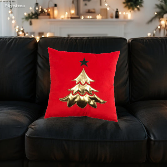 Cuscino in Tessuto con Decoro Albero di Natale Dorato - Dimensioni 45x45cm - Rosso e Verde
