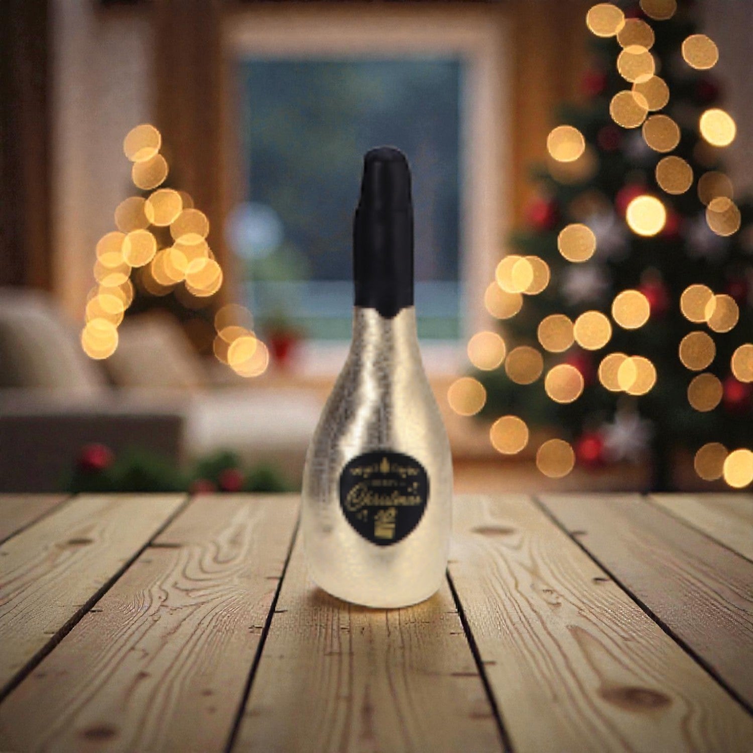 Decorazione in tessuto di Natale a forma di champagne, con sfondo bianco.