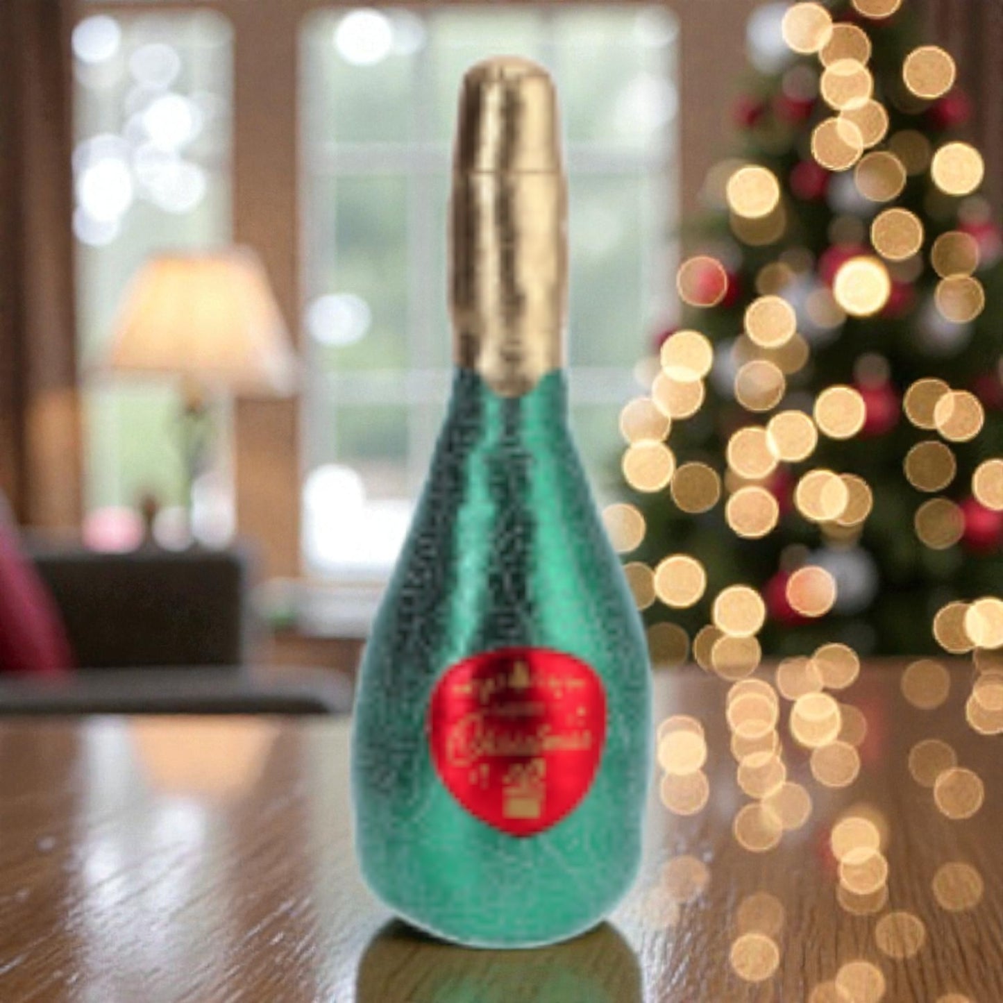 Decorazione in tessuto di Natale a forma di champagne, con sfondo bianco.