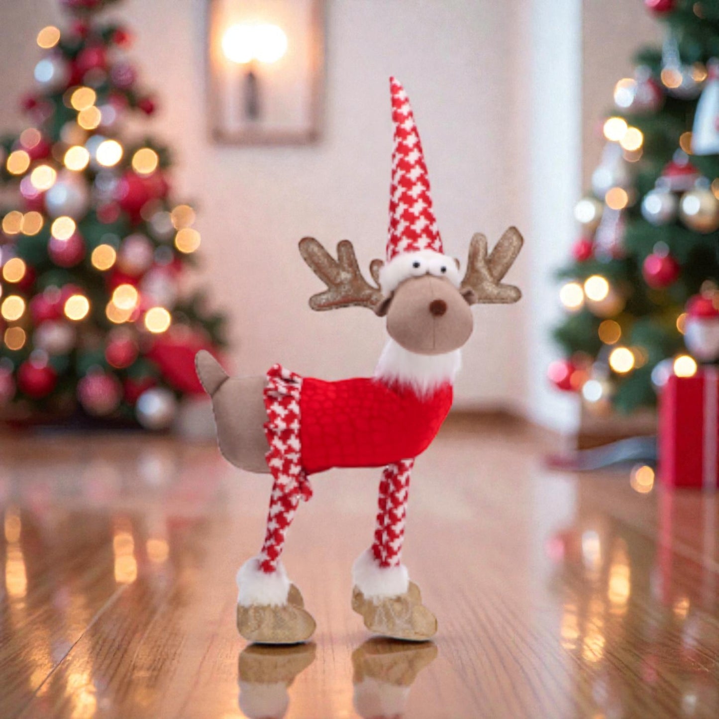 Decorazio in tessuto di natale a forma di Renna di natale con vestito festivo rosso