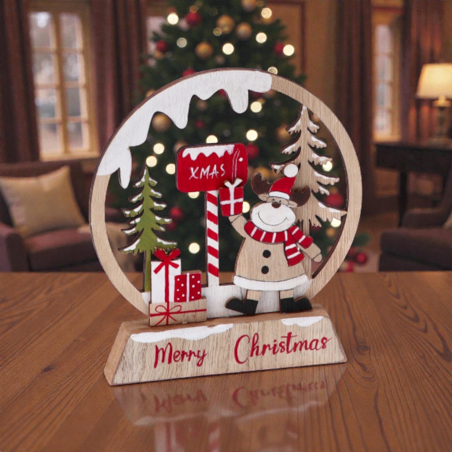 Decorazione di natale in mdf ambientata in una casa accogliente a natale.