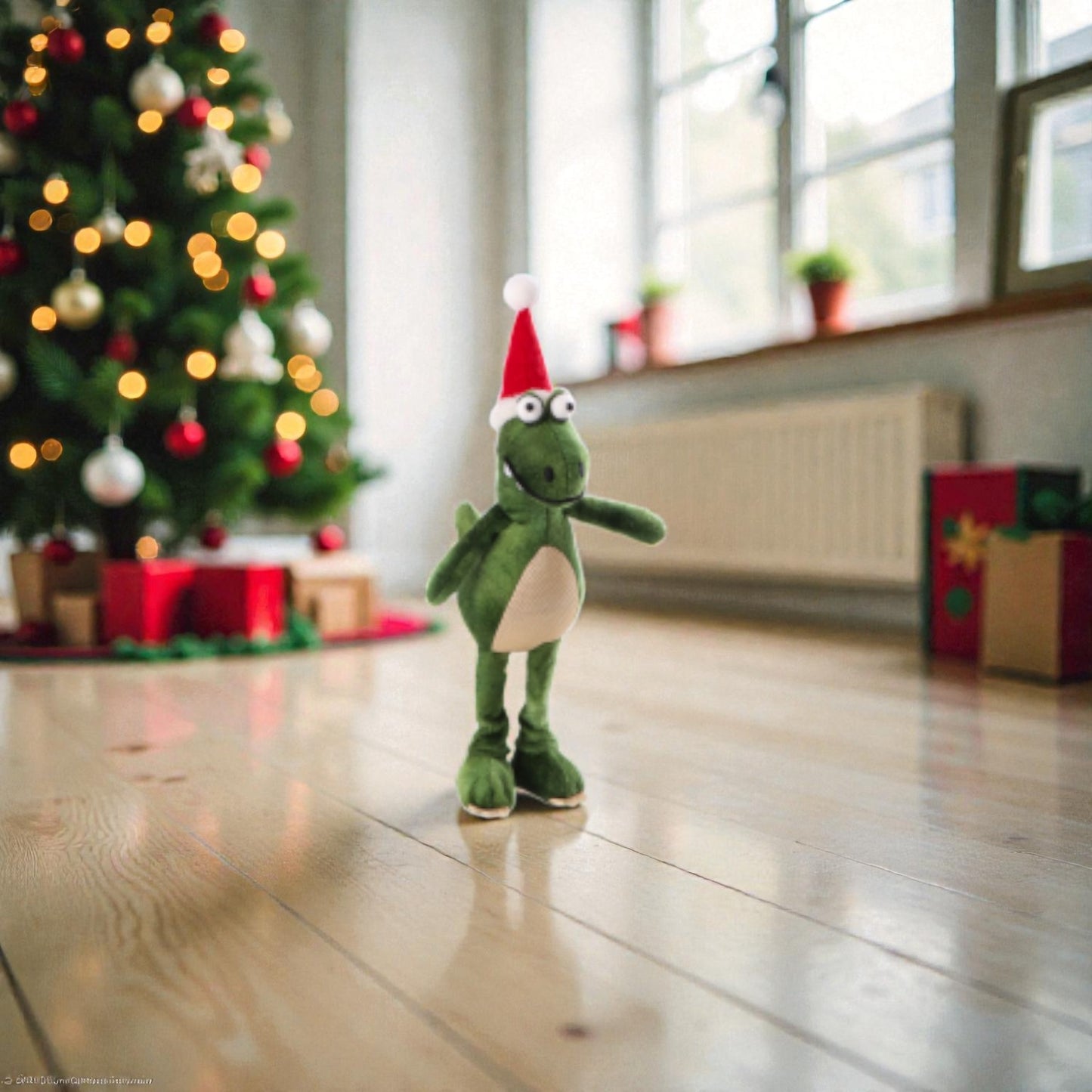 Drago di natale in tessuto con gambe sul pavimento di una casa