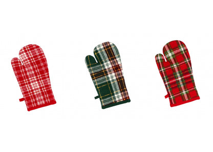 3 guanti da cucina holly di vari colori a tema natalizio su uno sfondo bianco.