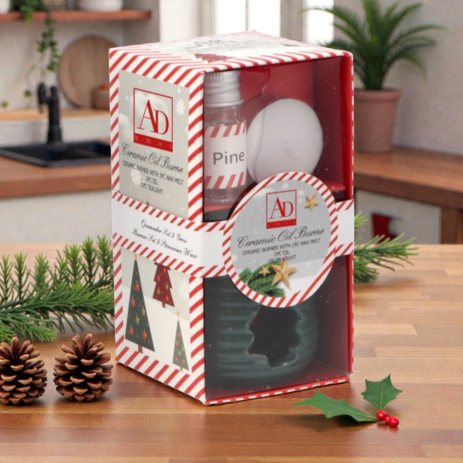 Kit candele brucia oli essenziali, ambientato in una casa accogliente e festiva.