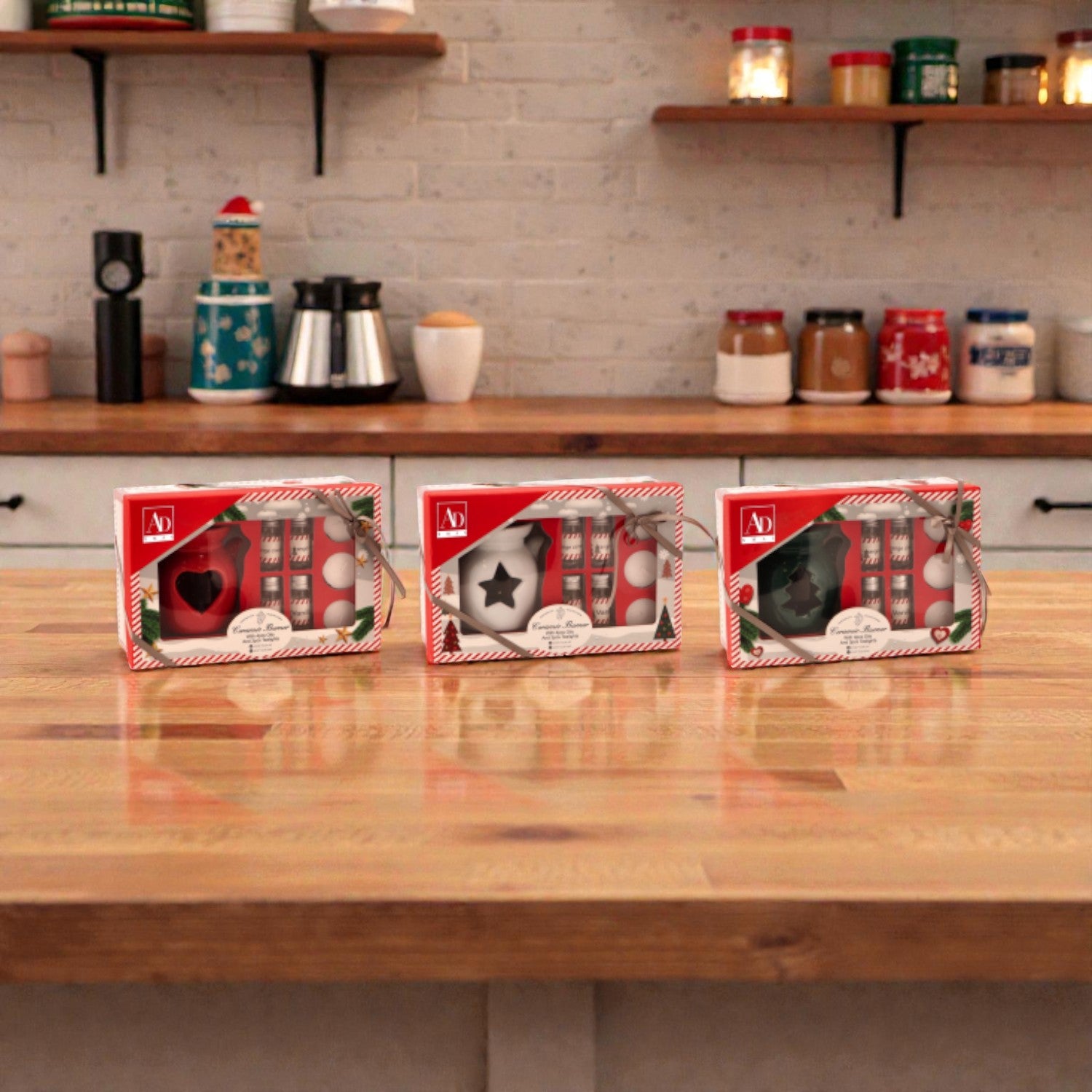 3 Kit candele brucia oli essenziali, ambientato in una casa accogliente e festiva.