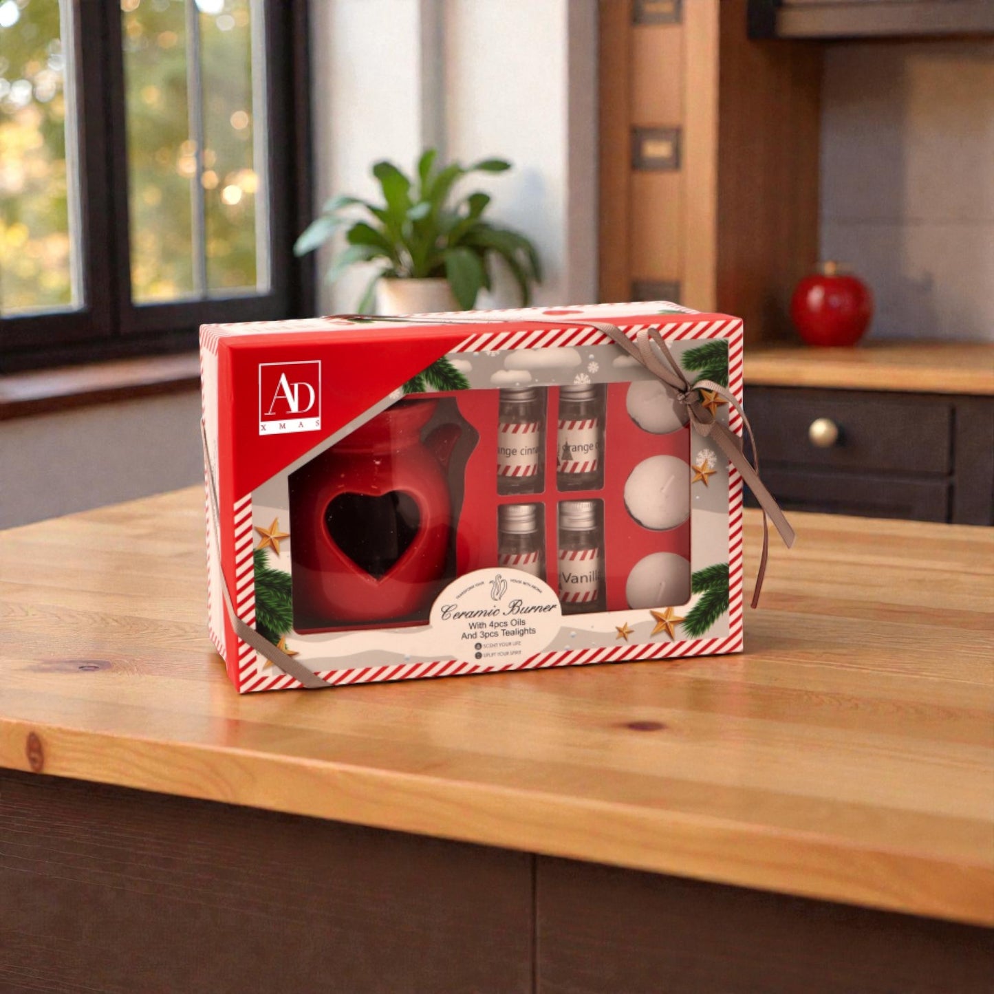 Kit candele brucia oli essenziali, ambientato in una casa accogliente e festiva.