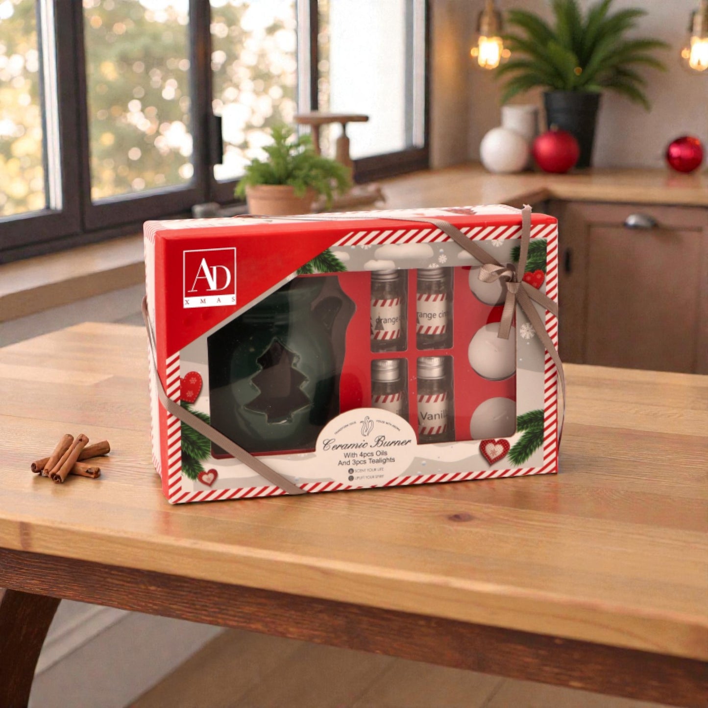 Kit candele brucia oli essenziali, ambientato in una casa accogliente e festiva.
