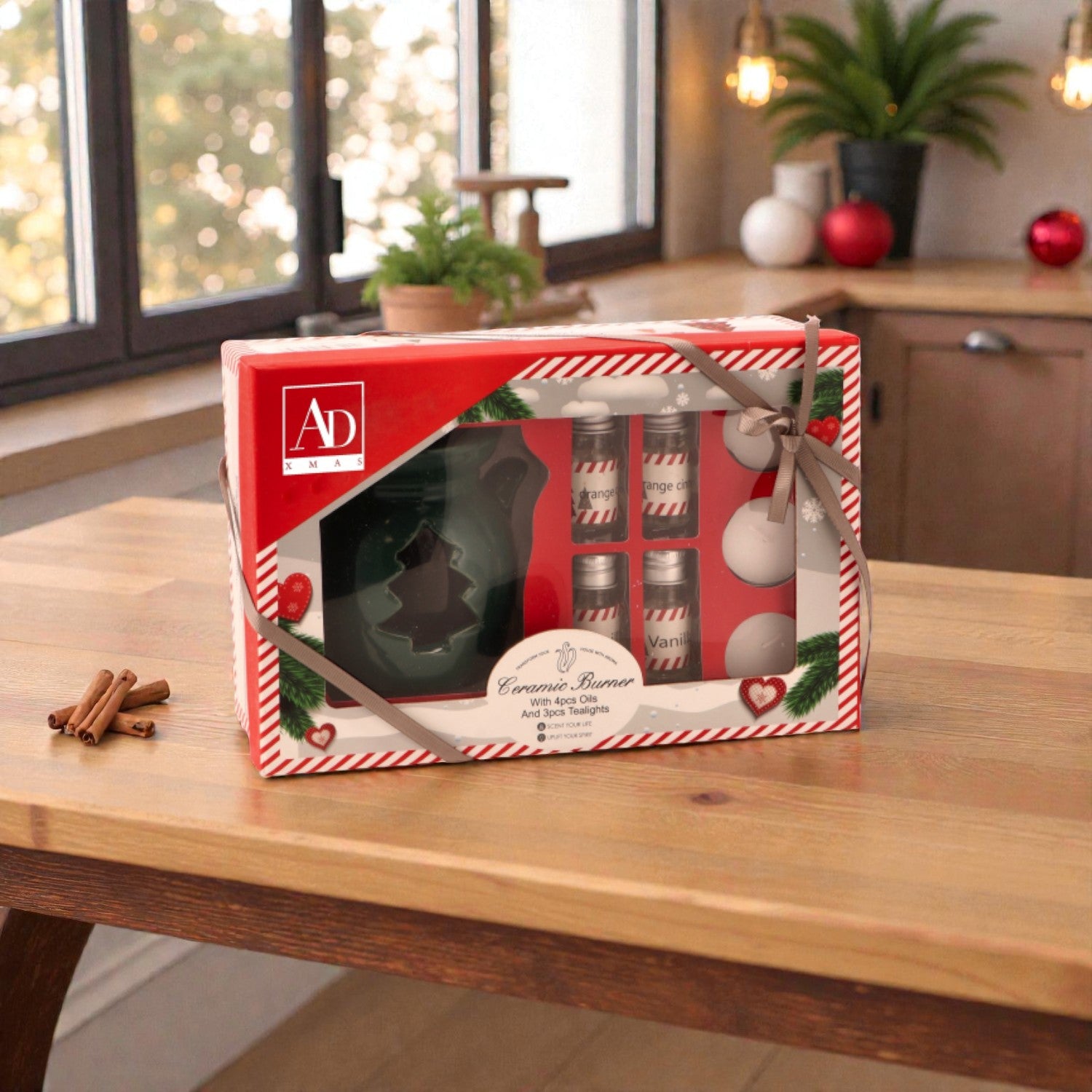 Kit candele brucia oli essenziali, ambientato in una casa accogliente e festiva.
