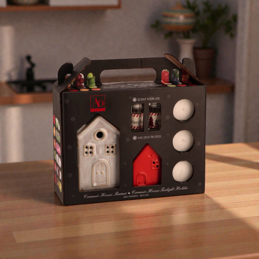 Kit candele brucia oli essenziali, ambientato in una casa accogliente e festiva.