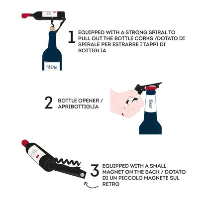 Apribottiglie Legami a forma di Bottiglia, con funzione cavatappi e stappa bottiglie.
Venduto da Prodomo negozio online di Casalinghi