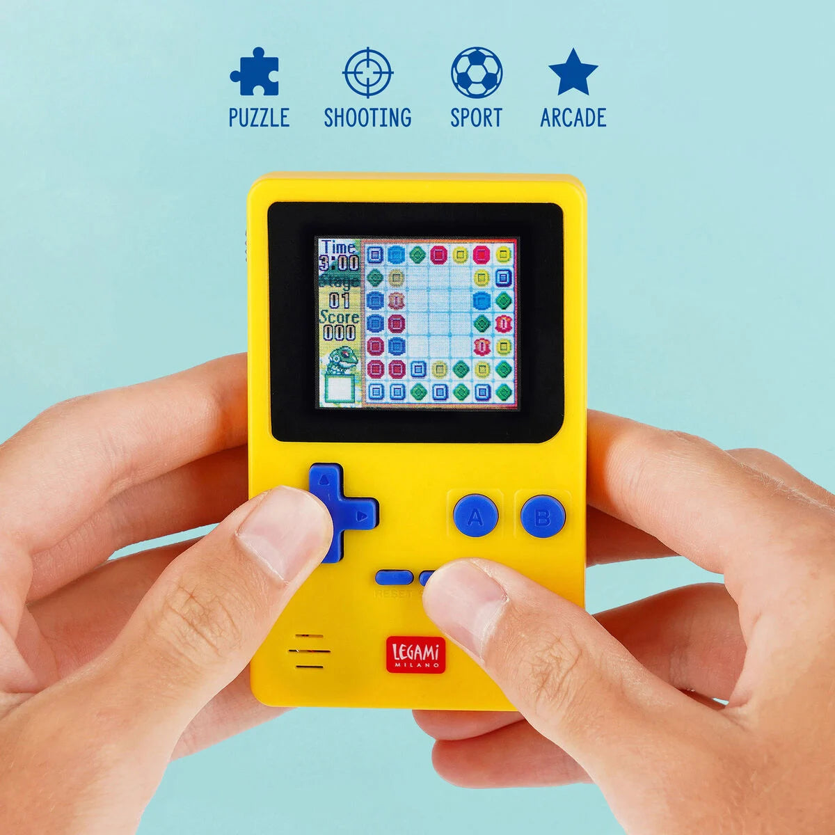 Mini console portatile per giochi arcade retro, colore giallo.
Realizzato da Legami e venduto da Prodomo o Pro Domo