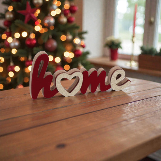 Decorazione in mdf natalizia con scritta HOME doarata e rossa.