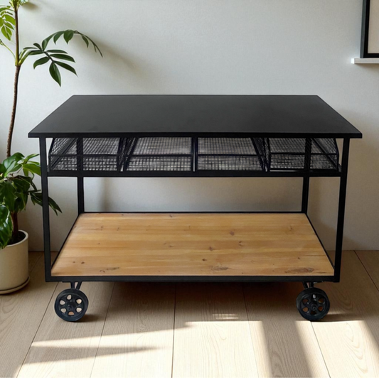 Mensoliera in ferro con 1 ripiano in legno, 4 scomparti e ruote cm. 122 x 46 x h. 78