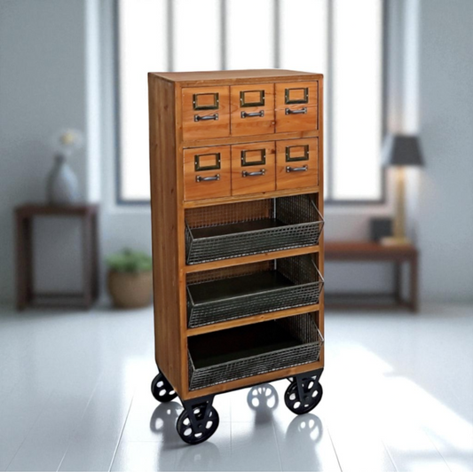 Mobile in Legno e Ferro con 6 Cassetti, 3 Cestini e Ruote - cm. 51 x 39 x h. cm. 114