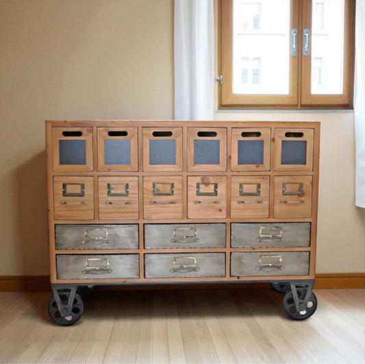 Mobile in Legno e Ferro con 18 Cassetti e Ruote - cm. 105 x 34 x h. cm. 79
