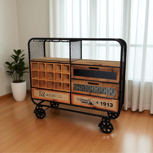 Mobile Bar in Legno e Ferro con Ruote, 4 Cassetti e ripiani - cm. 108 x 38 x h. cm. 98