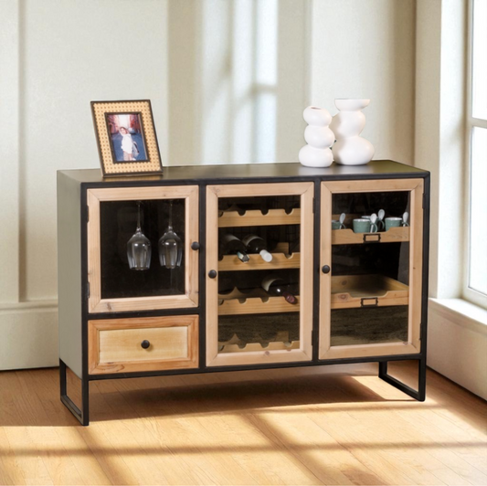 Mobiletto in ferro e legno con portabottiglie, 3 ante e 1 cassetto – 120×38×80 cm