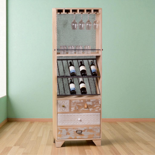 Mobiletto in legno e ferro con portabottiglie, portabicchieri e anta – 60×35×180 cm