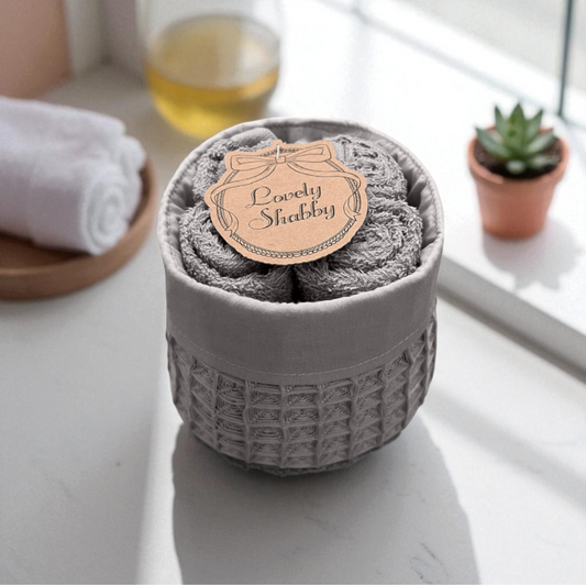 Honey – Set 4 lavette con cestino – colori assortiti: grigio, sabbia, bianco