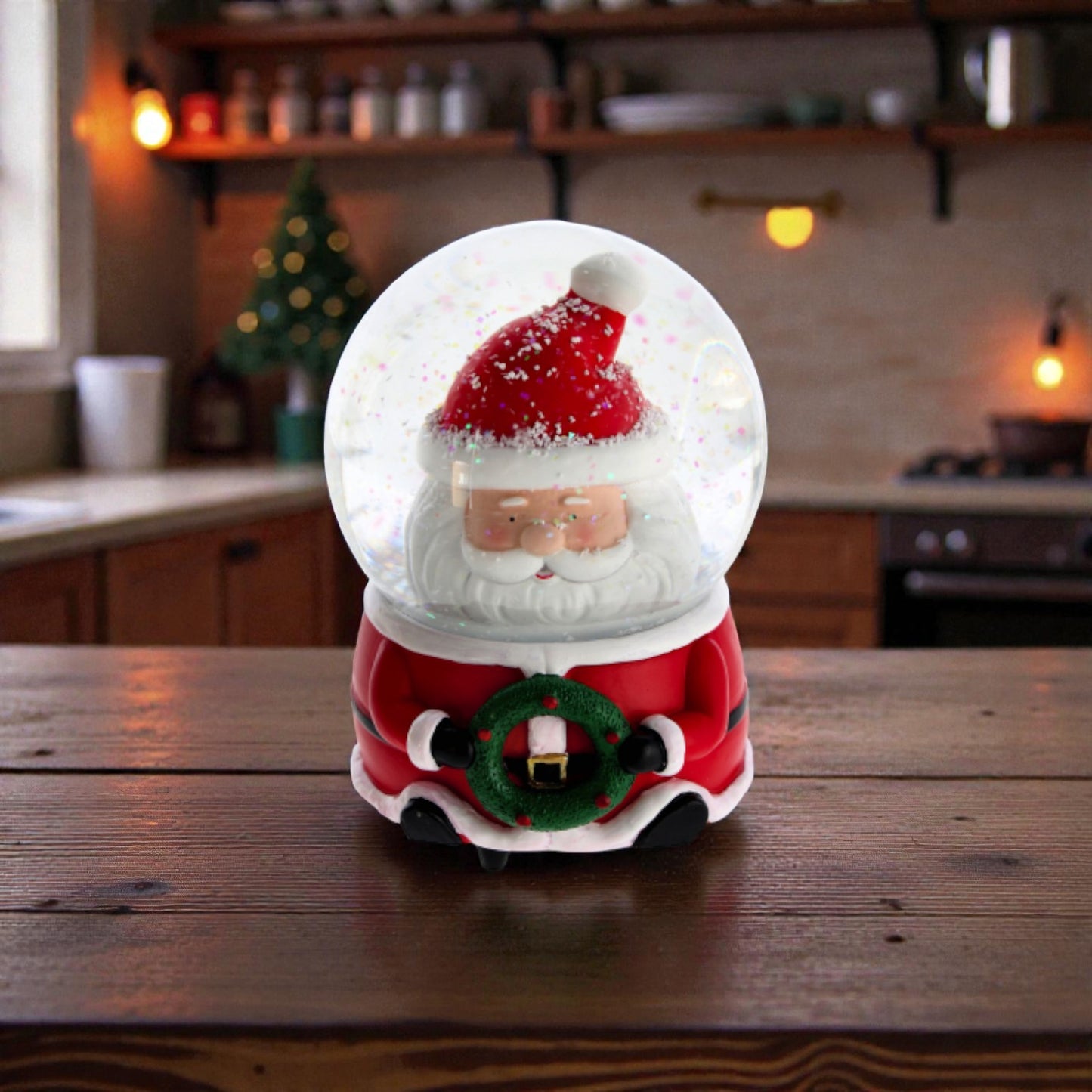 Palla di neve Natalizia a forma di babbo natale con testa dentro la sfera, ambientato in una casa natalizia