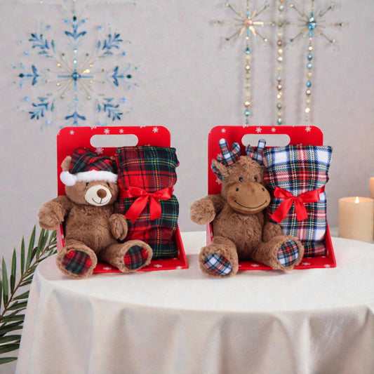 2 Set peluche renna e orsacchiotto di natale coperta plaid abbinata di natale.