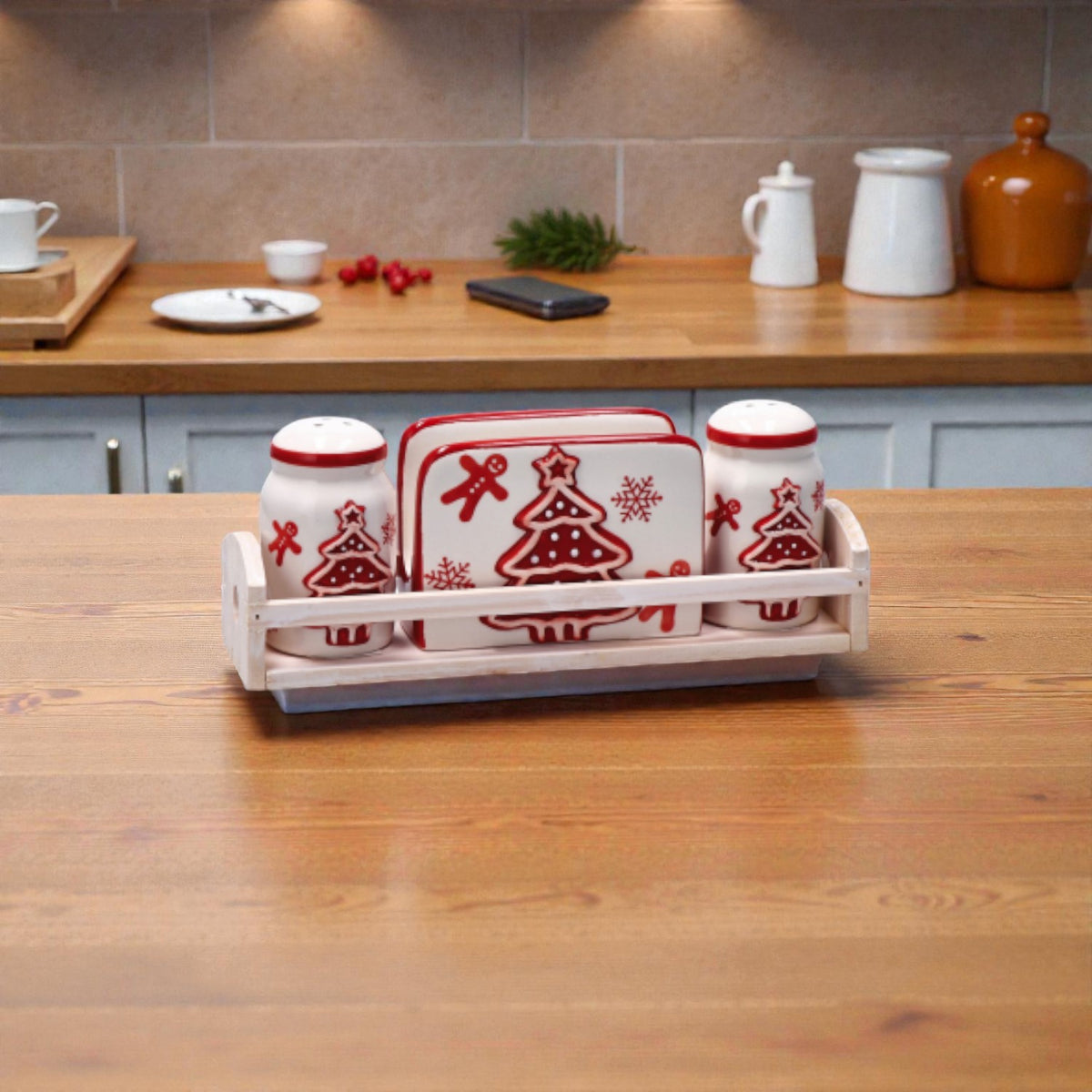 Menage Natale in Ceramica con Portatovaglioli e Cestino in Legno