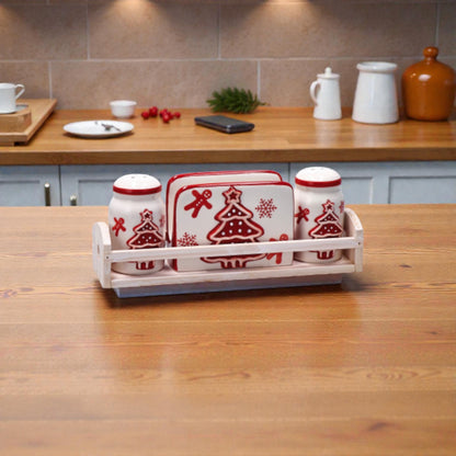 Menage Natale in Ceramica con Portatovaglioli e Cestino in Legno