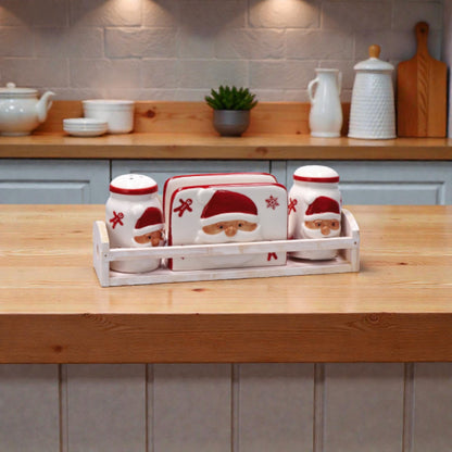 Menage Natale in Ceramica con Portatovaglioli e Cestino in Legno