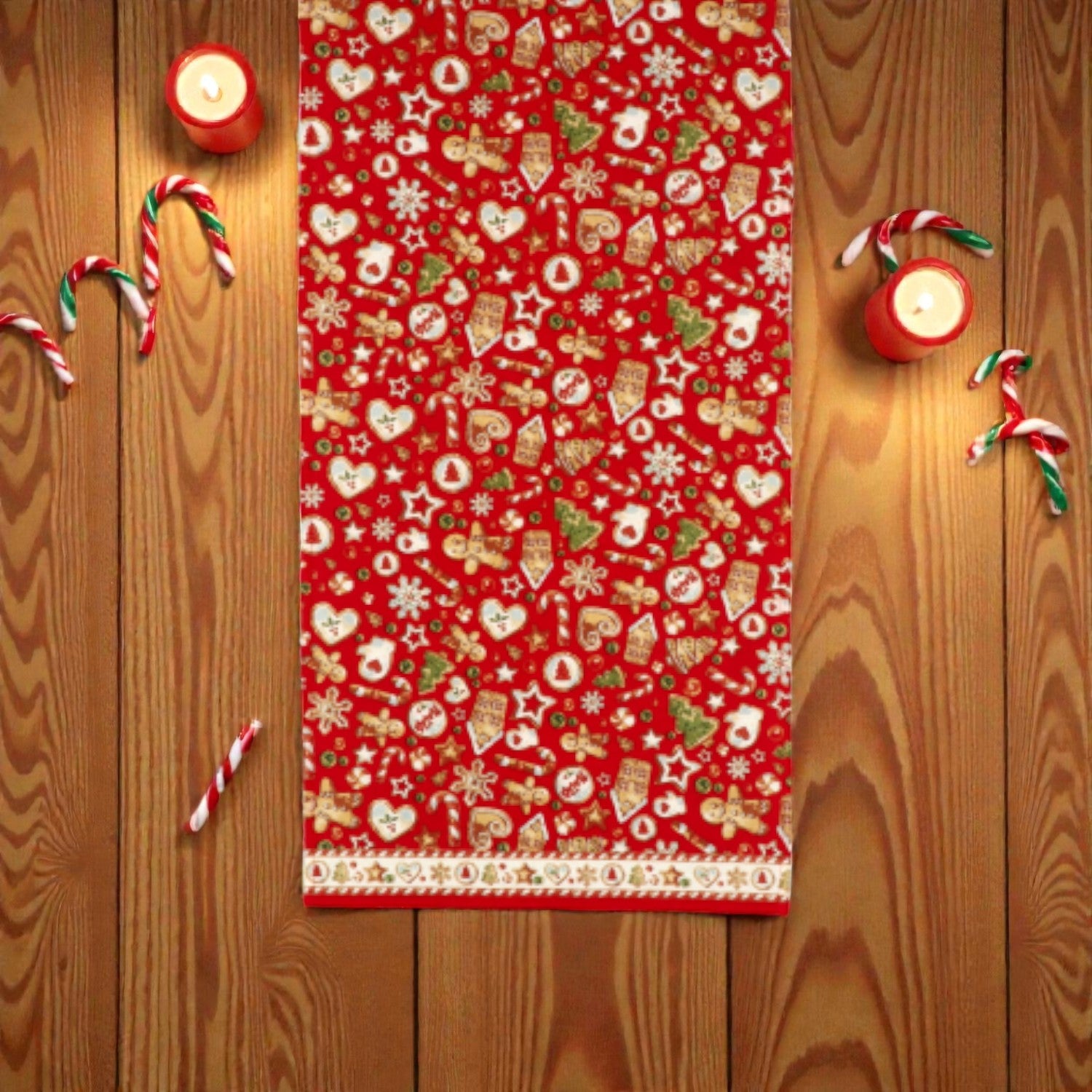 Runner antimacchia di natale karima su sfondo in legno caldo.