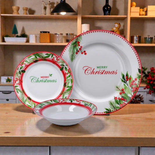 Servizio piatti da 18 pezzi merry christmas in porcellana bianco con disegni vischio e righe rosse e verdi.