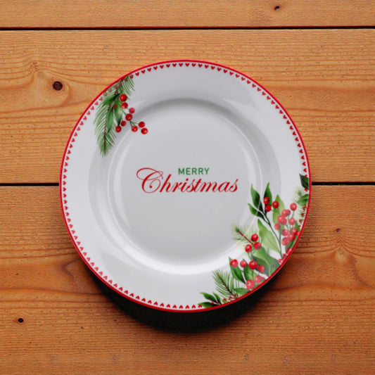Piatto di natale bianco merry christmas in porcellana bianco con disegni vischio e righe rosse e verdi.