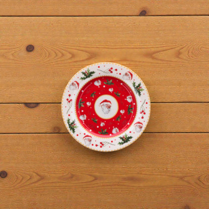 Piatto di natale bianco merry christmas in porcellana bianco con disegni vischio e babbo natale e righe rosse e verdi.