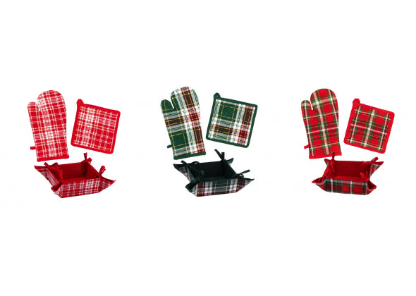 Set Natale Holly - 3 Pezzi da Cucina in Misto Cotone - Guanto, Presina e Cestino