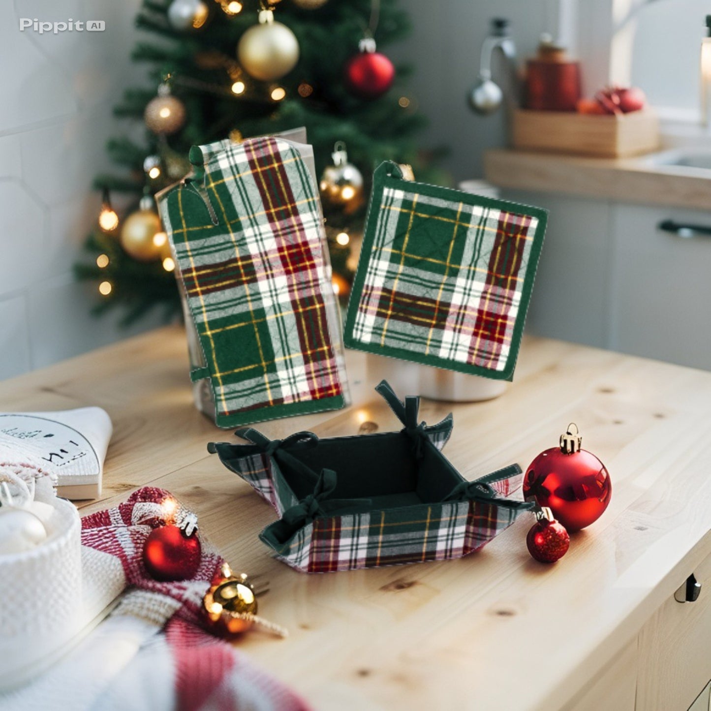 Set Natale Holly - 3 Pezzi da Cucina in Misto Cotone - Guanto, Presina e Cestino