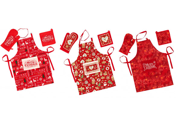Set Natale Karima - 3 Pezzi da Cucina Natale in Misto Cotone - Guanto Presina e Grembiule