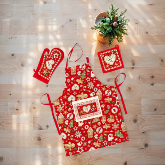 Set Natale Karima - 3 Pezzi da Cucina Natale in Misto Cotone - Guanto Presina e Grembiule