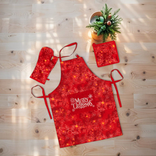 Set Natale Karima - 3 Pezzi da Cucina Natale in Misto Cotone - Guanto Presina e Grembiule