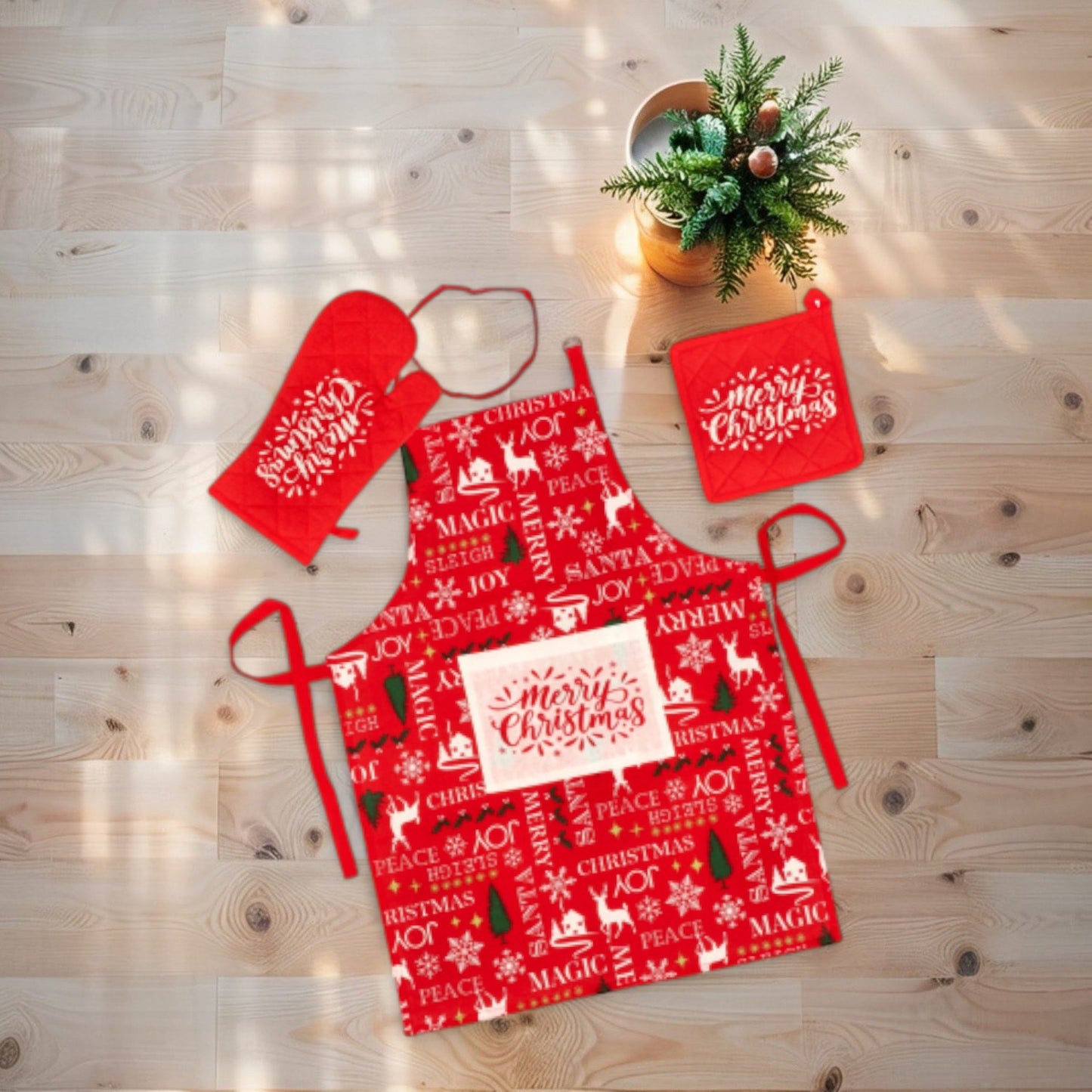 Set Natale Karima - 3 Pezzi da Cucina Natale in Misto Cotone - Guanto Presina e Grembiule