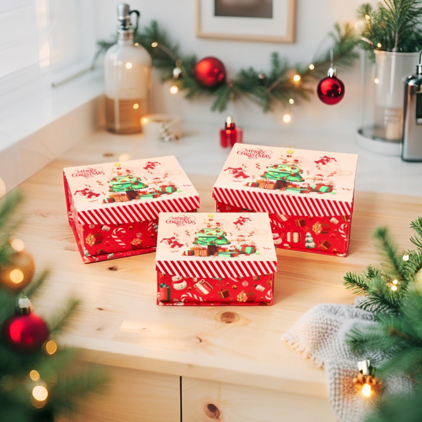 Set 3 Scatole Pacchi Natale - Cartone Stampato con Magnete