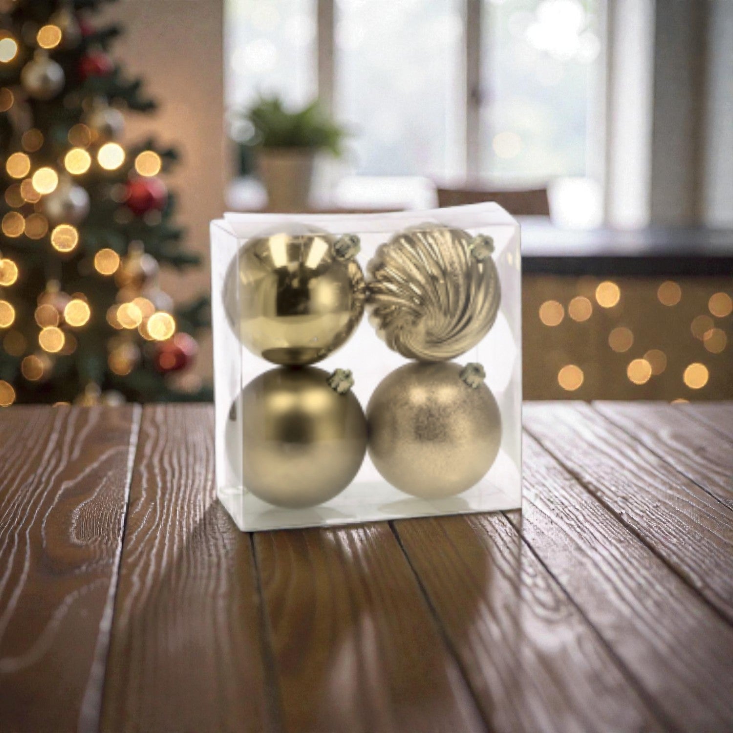 Set 4 palle di natale per albero di natale in una casa natalizia e festiva.