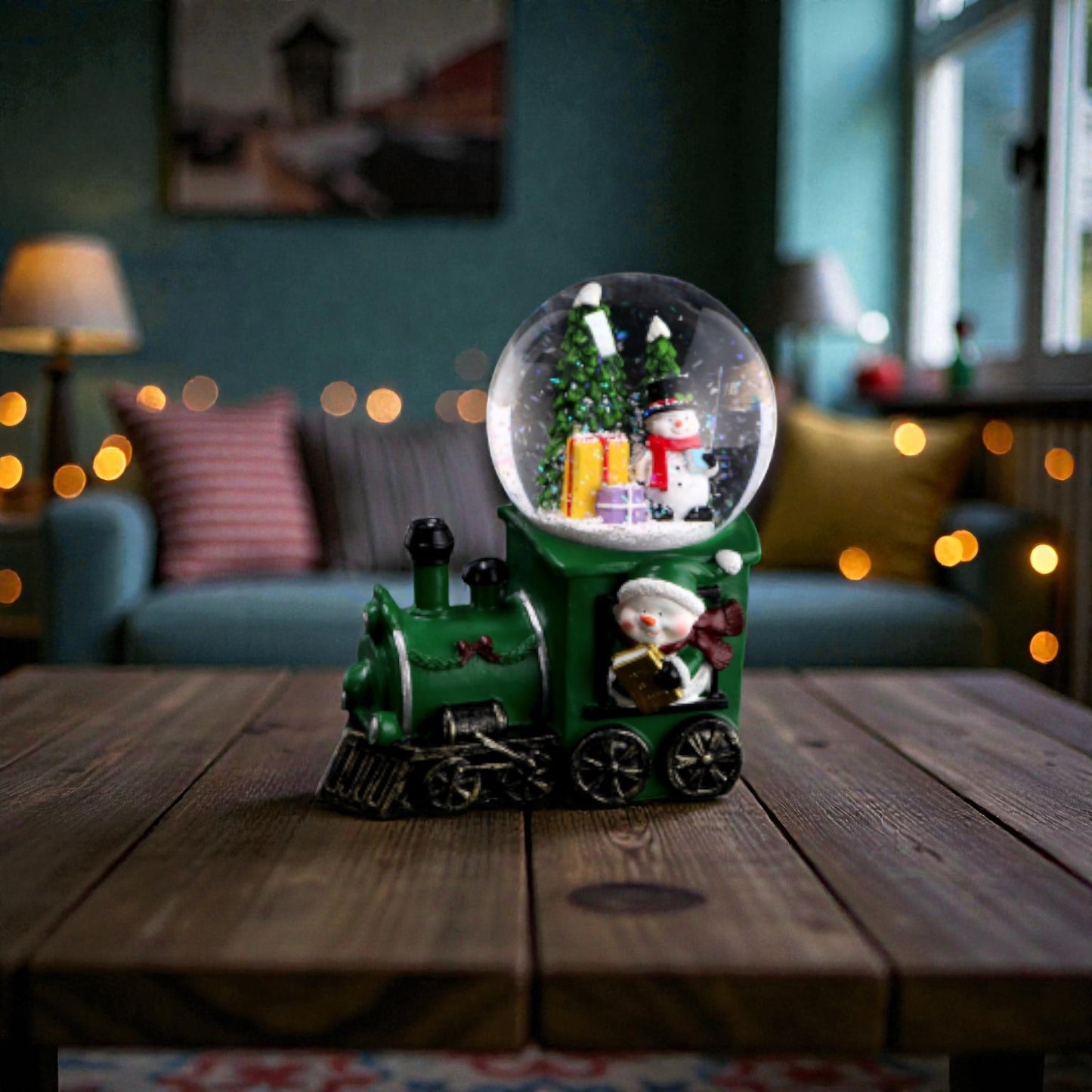 Palla di neve di Natale con base a forma di locomotiva verde e luci LED. Ambientata in una casa festiva e accogliente.