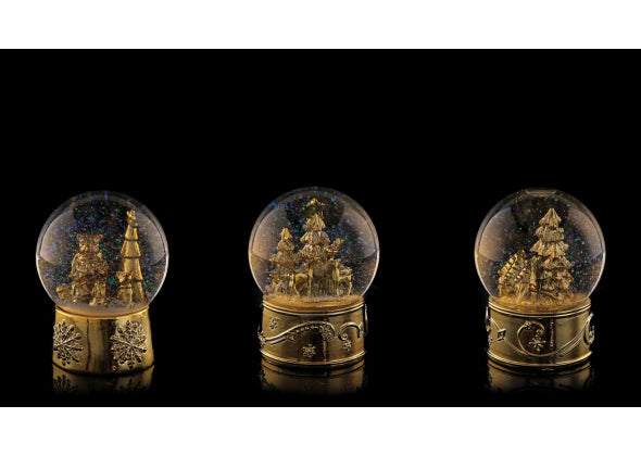 Palla di neve dorata con base in resina e LED, con sofndo nero