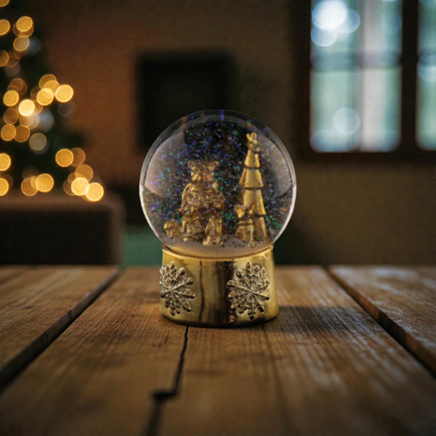 Palla di neve dorata con base in resina e LED, ambientata in una casa festiva e accogliente.