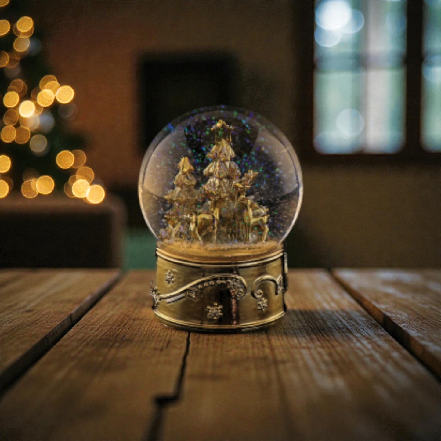 Palla di neve dorata con base in resina e LED, ambientata in una casa festiva e accogliente.