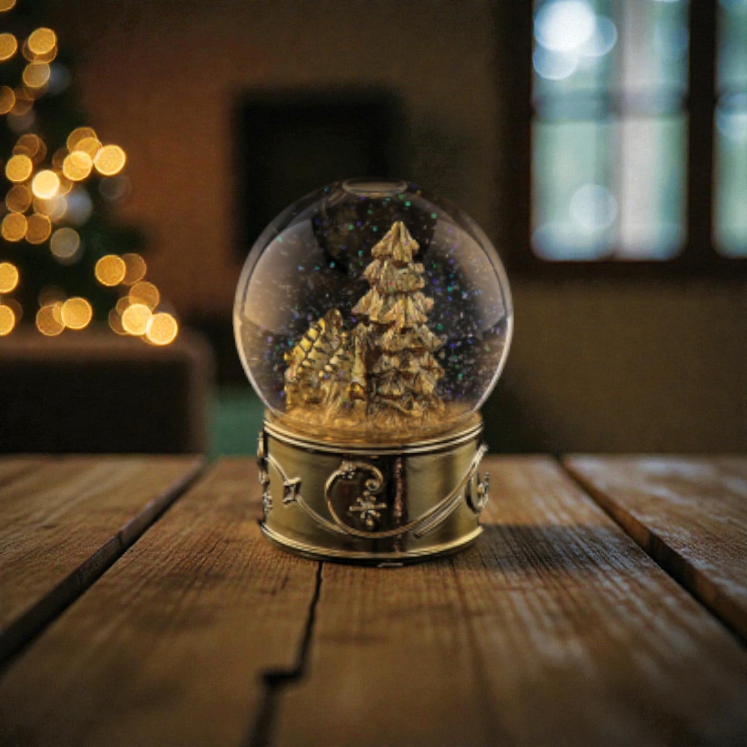 Palla di neve dorata con base in resina e LED, ambientata in una casa festiva e accogliente.