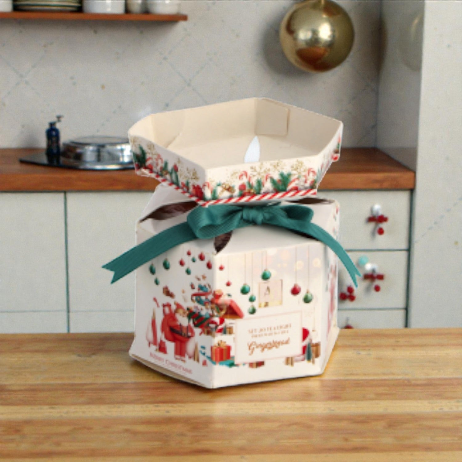 Kit luci per tè tea light di natale, ambientato in una casa accogliente.