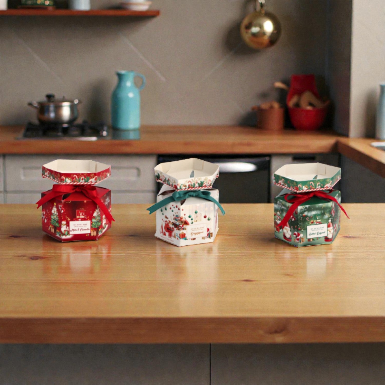 3 Kit luci per tè tea light di natale, ambientato in una casa accogliente.