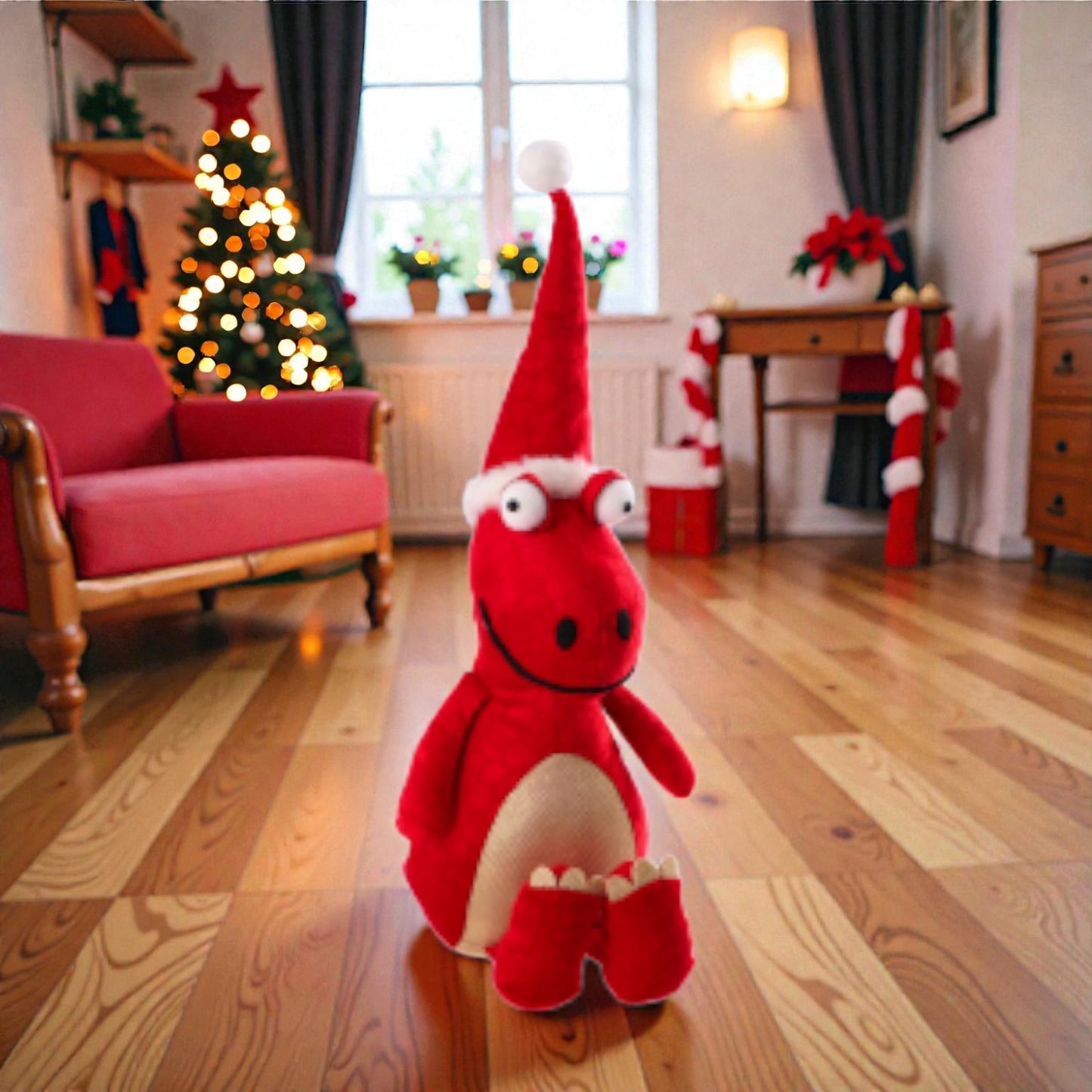 decorazione natalizia a forma di drago di natale, ambientato in una casa natalizia accogliente.