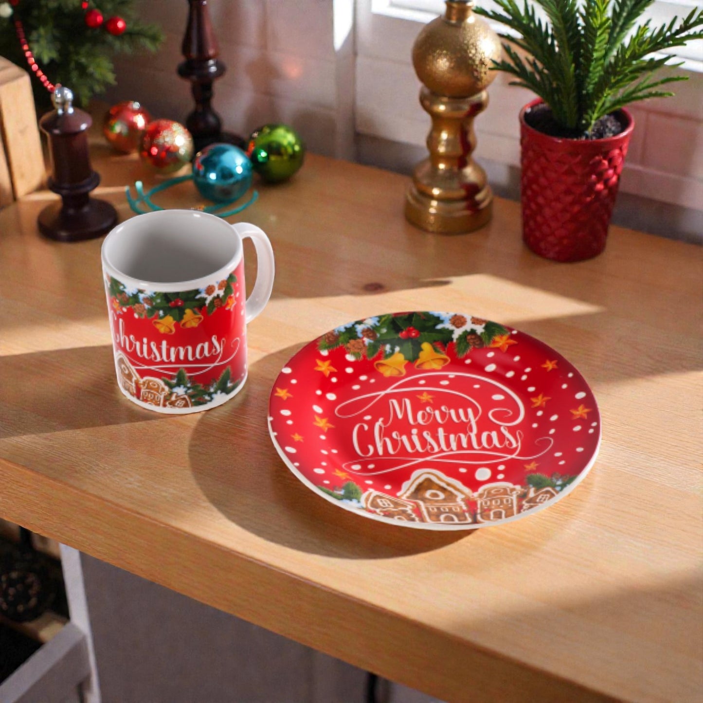 Set colazione di natale con tazza e piattino con decori natalizia,ambientati su un piano in legno accogliente.